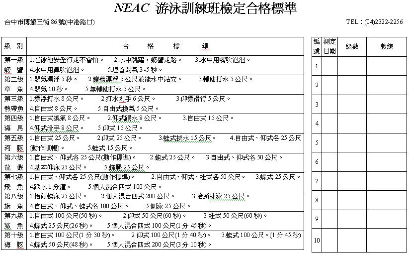 游泳訓練班檢定合格標準